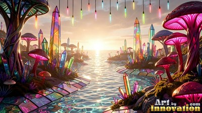 Bright pink ribbed caps top giant mushrooms beside crystal towers along a calm inlet