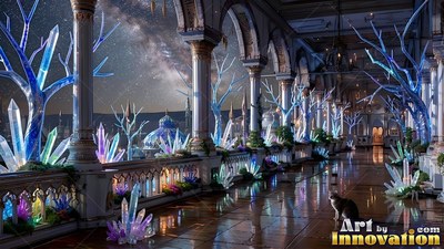 A cat sits on an open palace terrace lined with blue glass crystals under the night sky