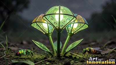 Standing upright in soil, green glass flowers shine by two metallic bugs