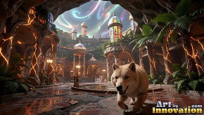 A light brown wolf walks through a courtyard with glass domes under an aurora sky