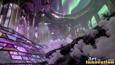 Under a green aurora sky, a purple tinted glass temple rises above white clouds