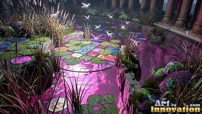 Floating on pink water, round lily pads fill a pond near stone columns under flying insects