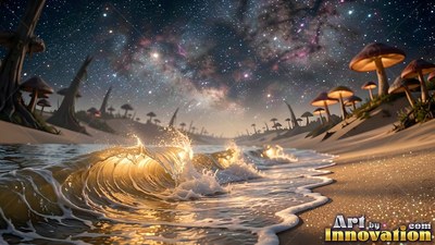 Waves roll onto a sandy beach under giant mushrooms and stars