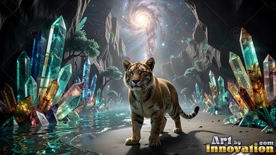 Striped fur covers a tiger standing near bright crystals under a spiral galaxy sky