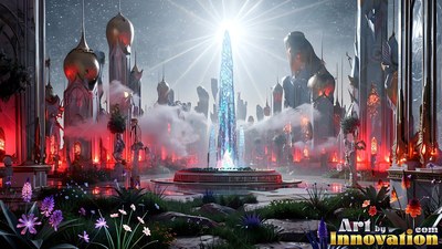A crystal spire rises from a courtyard fountain, shining with bright white light
