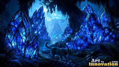 Trotting in profile, a wolf walks past blue colored glass crystals in a dark forest