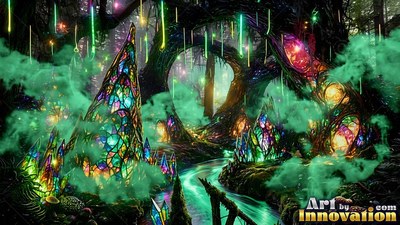 A forest of mosaic glass spires and green smoke beside a bright creek