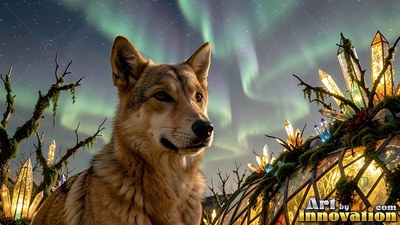 Under green northern lights, a wolf sits beside bright crystal spires