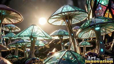 Catching the pale sunlight, teal colored glass mushrooms sprout from the forest floor