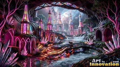 Leaded glass towers and pink crystals by a river bridge