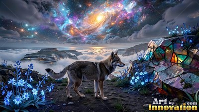 A wolf with gray fur stands by mosaic glass rocks under a swirling galaxy sky