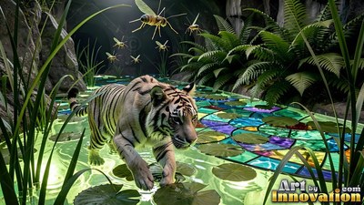 A white tiger wades through a shallow pool tiled with colorful mosaic glass beneath giant flying insects