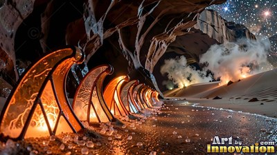 Curving upward in a rocky cave, orange glass fins line a sandy floor