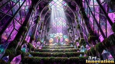 Sunlight shines into a purple tinted glass hall with mossy crystal steps