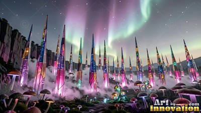 Under green auroras, tall stained-glass spires rise from misty mushroom fields