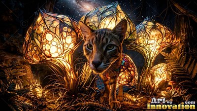 Stepping through a dark forest, a spotted cat walks near warm tinted glass mushrooms