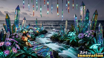 Glass crystals and flowers line a stream by the sea
