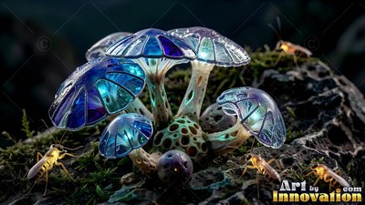 Clear blue glass caps top tiny mushrooms growing on dark mossy rock near insects