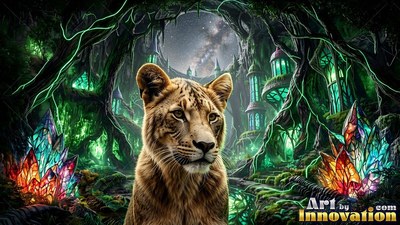 A young lion rests in a dense forest lit by bright green light and crystals