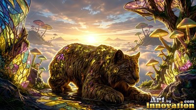 Crouching low on a mosaic path, a mossy wildcat rests by mushrooms at sunset