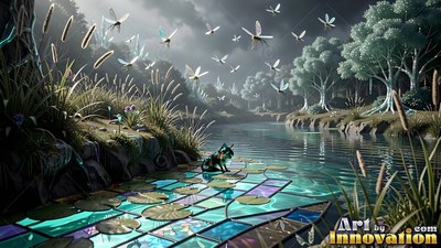 A cat sits on green leaded glass lily pads in a stream with flying bugs
