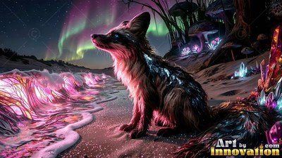 On a sandy beach under green auroras, a fox sits beside bright pink waves