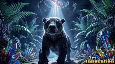 Walking under a beam of blue light, a dark bear moves past crystals and ferns