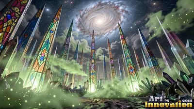 Tall mosaic glass spires stand under a spiral galaxy sky