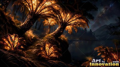 Bright orange fronds crown crooked palm trees along a dark lake under a starry sky