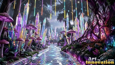 Tall crystals and purple mushrooms line a stream under bright hanging lights