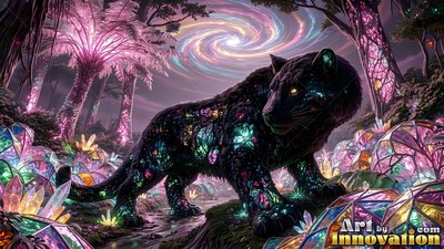 Standing in profile in a pink forest, a black panther with glass spots