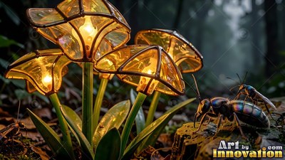 Yellow stained colored glass mushrooms shine in a forest beside a large wasp