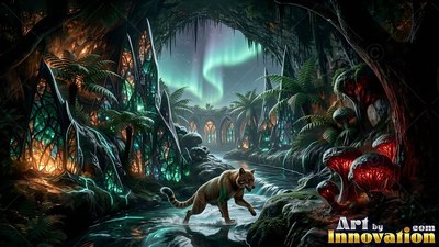In a dark jungle under northern lights, a wild cat wades through a creek