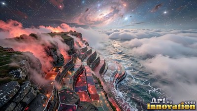 Stepping down to a sea of clouds, terraced cliffs shine red under a starry galaxy