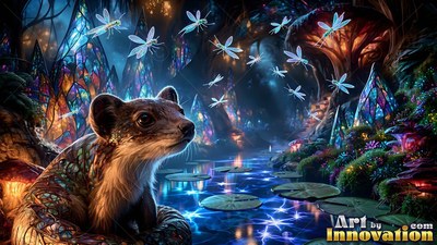 A small ferret watching bright winged bugs over a pond at night