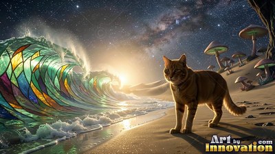 Striped orange fur on an alert cat standing on a beach by stained glass ocean waves under stars