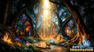 A deer walks down a forest path toward bright yellow light between mosaic glass arches