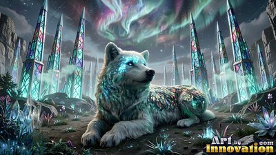 Lying down in a field of crystals, a white wolf rests under northern lights