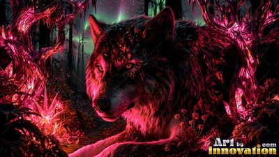 A wolf rests near red crystal plants in a dark forest under northern lights