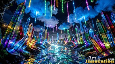 Along a shining stream at night, tall tinted glass crystals rise into clouds
