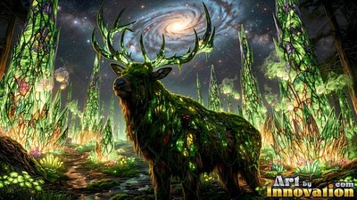Standing in a forest of crystal towers, a green stag looks up beneath a spiral galaxy