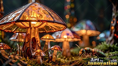 Stained glass mushroom lamps on moss near an ant