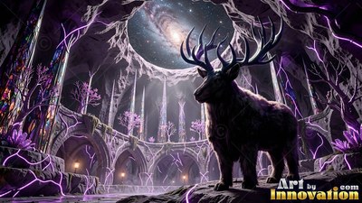 Curved black antlers rise from a dark deer standing in a stone cavern open to the night sky