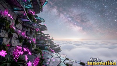 Terraced glass walkways climb a stone cliff, surrounded by bright purple flowers