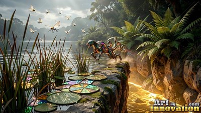 Leaping off a stone ledge, a stained glass beast bounds over a lush jungle lake