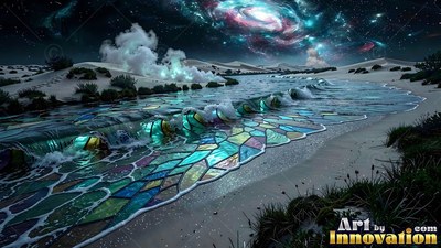 A mosaic glass river rolls with turquoise waves onto a sandy white beach at night