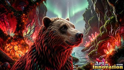 Under green northern lights, a brown bear sits near pink crystals in a forest stream