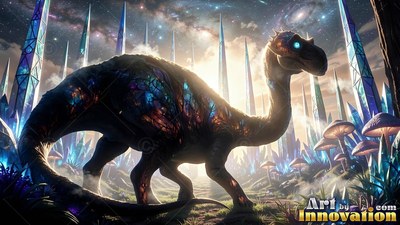 Walking past tall crystal spires, a large dinosaur with bright blue eyes steps into sunlight