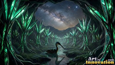 A bird stands in a stream between green crystal trees