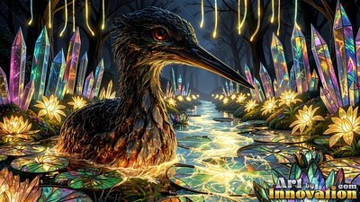 A dark bird with a long beak rests in a pond between bright crystal towers